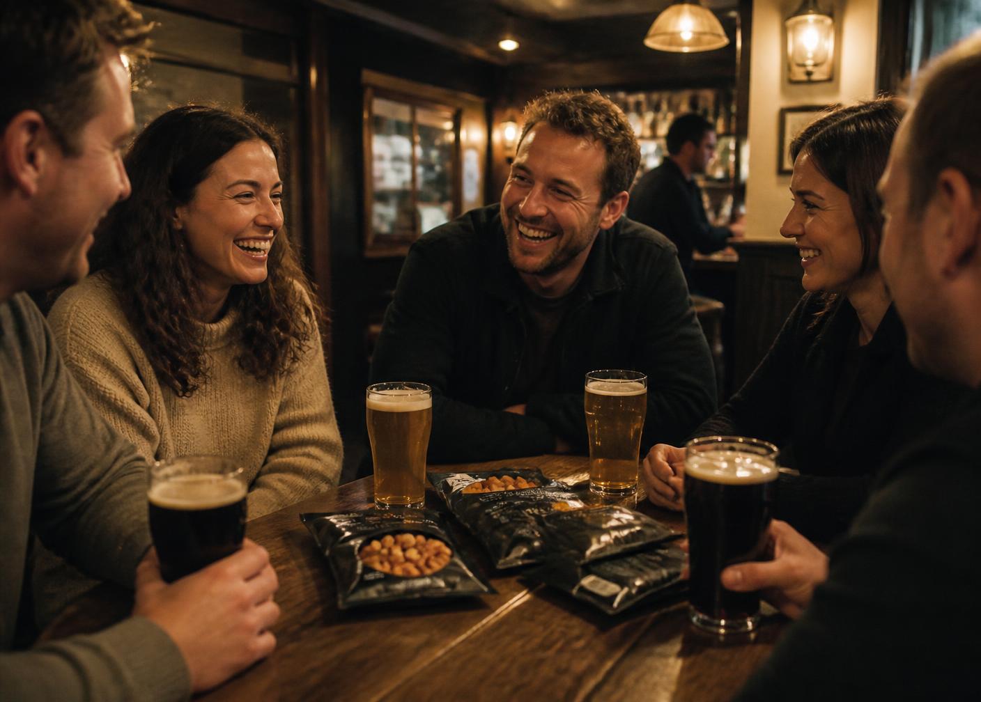 A pint on a pub counter beside a pack of Grazers